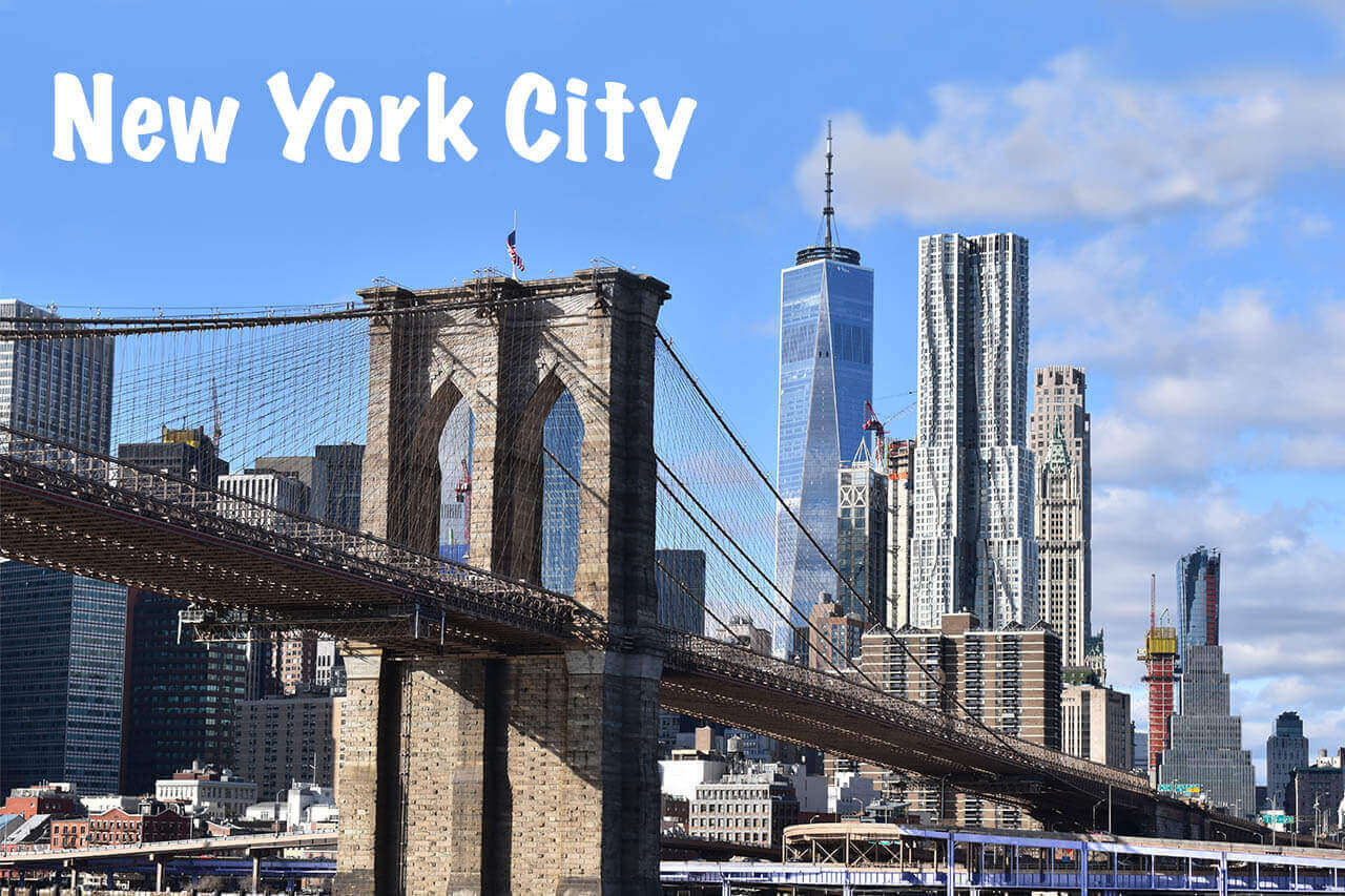 New York City Brooklyn Bridge with text